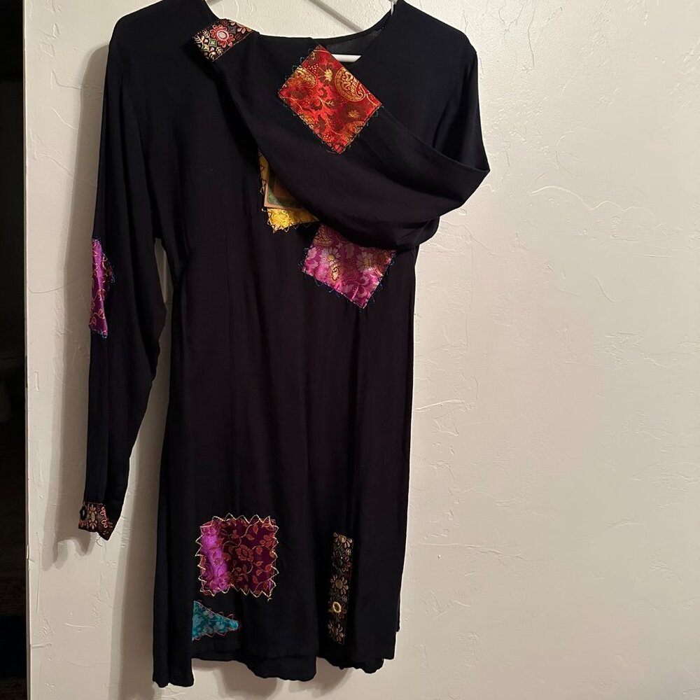 Sacred Threads Black Patchwork Long Sleeve Tunic NWT Rayon Art to Wear Size S/M